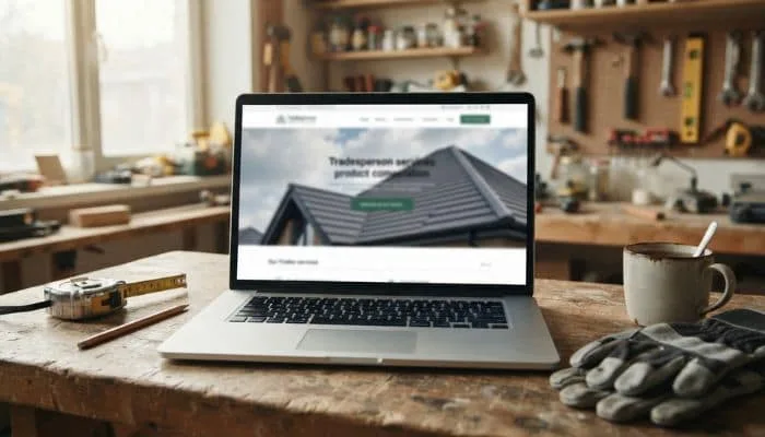 Laptop showing a tradesperson website service page on a workbench with tools