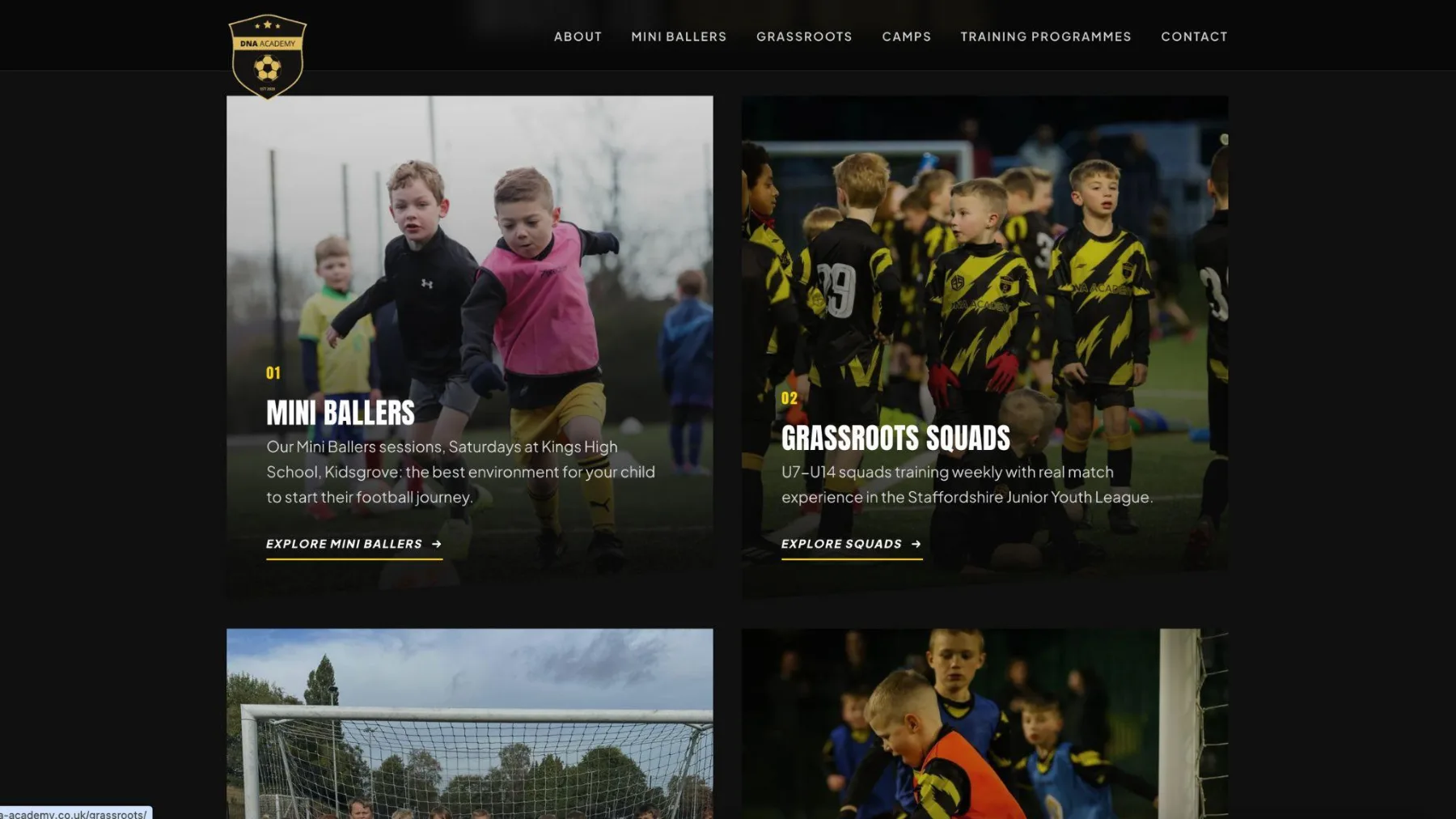 DNA Academy website homepage with yellow and black branding and player photography