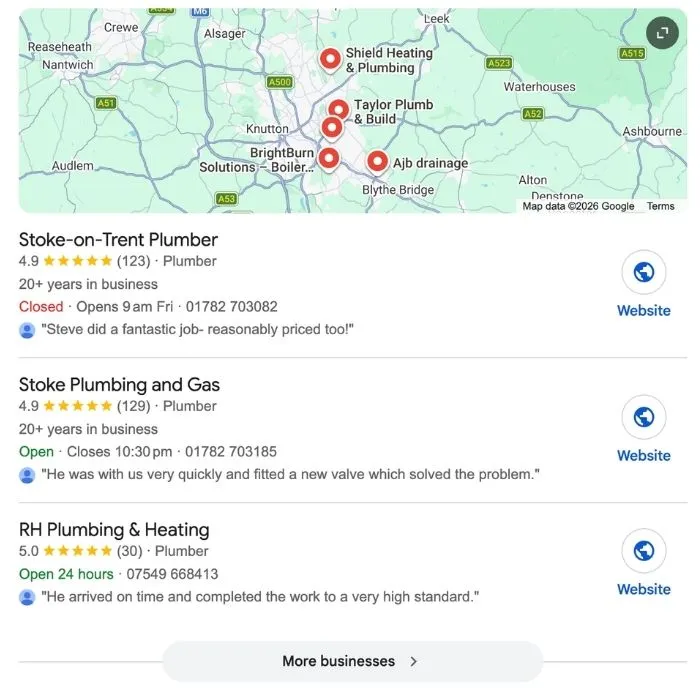 The Google Map Pack showing three local businesses at the top of Google search results